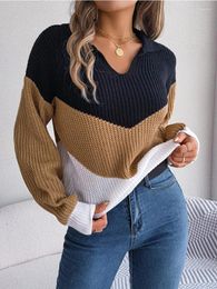Women's Sweaters Women Green Polyester Rib Knit Fall/Winter Contrasting Lapel Knitted Jumper Long Sleeves Female Pullovers Chic Tops