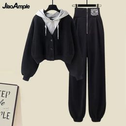 Women's Autumn/Winter Tracksuit Matching Set Korean Elegant Fake Two Piece Hooded SweaterCasual Sports Pants Suit 240115