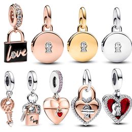 Trendy Sterling Sier Love Padlock & Heart Dangle Charm Fit Original Bracelet Women Necklace Pendant DIY Jewelry