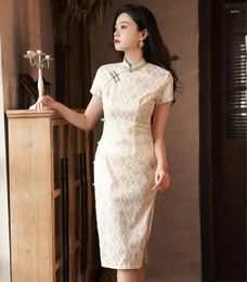 Ethnic Clothing Summer Lace Cheongsam Vintage Chinese Style Banquet Gown Womens Qipao Knee Length Slim Party Dress Button Vestido