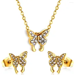 Necklace Earrings Set Fashion Cubic Zirconia Stainless Steel Butterfly Heart Necklaces Female Pendant Choker Bijoux