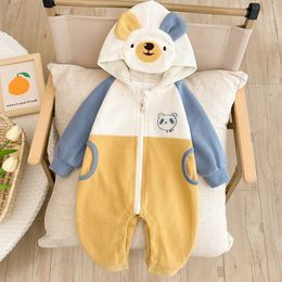 Autumn Winter born Boys Bodysuit Toddler Cartoon Bear Embroidery Romper Baby Spliced Hooded Soft Jumpsuit 240116