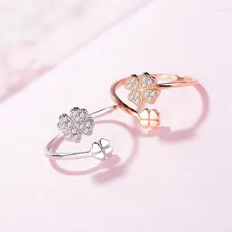 Cluster Rings Korean Version Of Simple Wedding Ring Opening Four-leaf Clover Adjustable Female Inlaid Zircon Jewellery Couple Gift