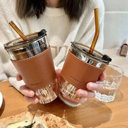 Ins Style Glass Coffee Cup with Straw Sealed Lid Cups Water Cute Mugs Tumbler 240115