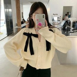 Women's Knits Autumn Winter Bow Cardigans Jacket Woman French V-Neck Chic Single-Breasted Knit Top Women 2024 Long Sleeve Sweater Cardigan