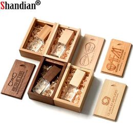 USB Flash Drives SHANDIAN Crystal Wooden USB 2.0 Flash Drive Pen Drive U Disk Memory Stick Pendrive 8GB 16GB 32GB 64GB Wedding Gift Thumb Drive