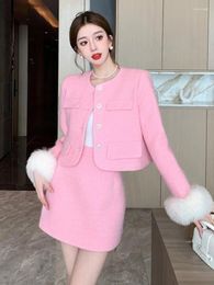 Work Dresses 2024 Women Autumn Winter Pink Elegant Faux Fur Patchwork Suit Korean Fashion Mini Skirts Single Breasted Jacket 2 Piece Set