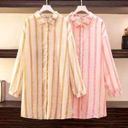 150Kg Plus Size Women's Bust 163 Summer Loose Thin Casual Long Sleeve Striped Shirt Apricot Pink 6XL 7XL 8XL 9XL 10XL 240116