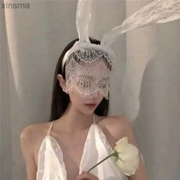 Headbands Bunny Ears Veil Headbands Lace Mask Veils Hair Band Black White Rabbit Ear Hoop Party Decoration Prom Cosplay Costume Halloween YQ240116