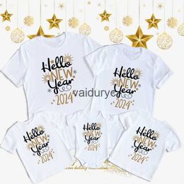 Family Matching Outfits Hello New Year 2024Family Matng Clothes New Year Party Outfit T-shirt Father Mother Kid Baby Look Tshirt Winter Holiday Tops H240508