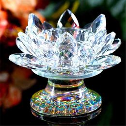 Candle Holders k9 Crystal Lotus Flower Figurine Miniature Garden Fengshui Ornaments Home Decor Accessories Modern Buddhist Candlestick 19ss YQ240116