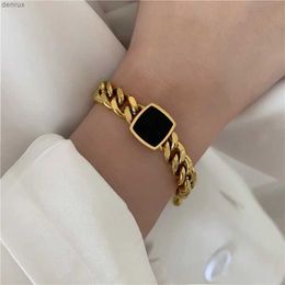 Charm Bracelets Stainless Steel Gold Colour Bracelet Ladies Hip Hop Thick Chain Black Square Bracelet for Woman Man Fashion Bracelet Wholesale