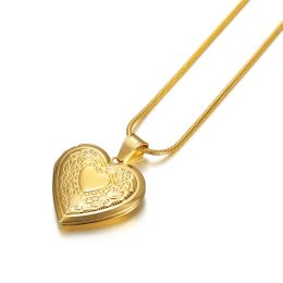 Gioielli commemorativi in oro giallo 14k da donna con cuore d'amore, ciondolo con medaglione per foto, collana con medaglione apribile alla moda