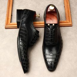 Mens Black Wedding Oxfords Genuine Leather Fashion Crocodile Pattern Handmade Designer Elegant Dress Shoes for Man