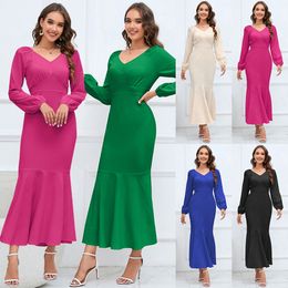 Women's Plus Size Dress V-Neck Long Sleeve Fishtail Skirt Slimming up The Waist Slim Fit Elegant Solid Color Casual Clothes