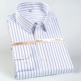 Men's Classic Long Sleeve Non-Iron Striped Dress Shirts Removable Collar Stays Formal Business Regular Fit Pure Cotton Shirt 240116