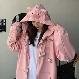 Women's Hoodies Sweatshirts Spring and autumn hooded piggy ears sweater jacket women cute pig design playful goth girl loose cardigan topephemeralew