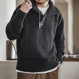 Maden Retro Polo Sweater Heavy Loop Yarn Men's Black Warm Thick Jumper Autumn Winter Brand Designer Oversize Pullover 240116