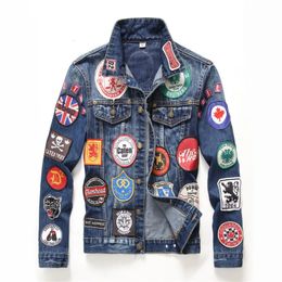 Men Denim Jacket Vintage Badge Patches Coat Long Sleeves Slim Fit Patchwork Tops Designer Painted Hip Hop Streetwear Punk Jeans 240115