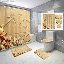 Shower Curtains Sand Shower Curtain Sets 4 Pcs Nature Summer Drawings Shells Starfish Non-slip Bath Mat Toilet Lid Waterproof Shower Curtain Set Q240116