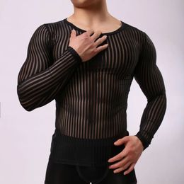 Mens Stripe Undershirt Breathable Slim Mesh Tees Shirt See Through Sheer Long Sleeves T Shirts Sexy Transparent Shirt Underwear 240116