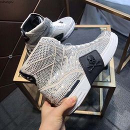 2024New High Tube Genune Leather Glitter Boots Cowhide Couple Thick Bottom Women Men Shoes Rhinestone Metal Skull Nnkle Boots mjitry4582