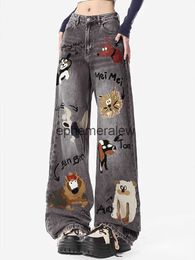 Women's Jeans Autumn High Quality Graffiti Jeans Women High Street Cartoon Letters Y2K Loose Straight Casual Wide Leg Couple Jeansephemeralew