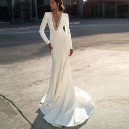 2024 Elegant Mermaid Wedding Dress Beaded Sequins V Neck Long Sleeves Soft Satin Bridal Gowns Beach Summer Vestidos De Noiva