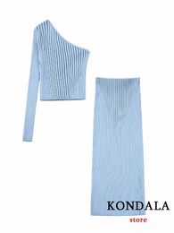 KONDALA Chic Sexy Solid Blue Sheath Knit Women Suits Fashion 2023 Spring Single Sleeve Skew Collar Tight Tops Slim Long Skirt 240115