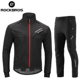 ROCKBROS Cycling Clothing Set Winter Thermal Fleece Pants Rainproof Windproof Reflective Jersey Men Women Sportswear 240116