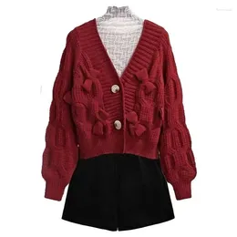 Women's Knits Autumn Winter Thin Sweet Ladies Solid Colour Tops 2024 Clothing Buttons V-neck Knitwear Cardigan Elegant Sweaters