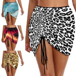 Women's Swimwear Womens Summer Bikini Cover Up Sexy Sheer Swimsuits Coverups Front Drawstring Printed Beach Short Skirt