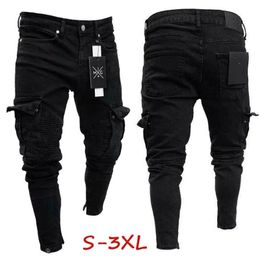 Fashion Brand Casual Mens Slim Fit Urban Straight Leg Black Biker Ripped Trousers Denim Casual Pencil Jogger Cargo Pants S-3XL 240116