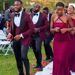 Burgundy Pattern Mens Suits Slim Fit Wedding Grooms Tuxedos Shawl Lapel Formal Blazer Three Pieces Jacquard Prom Suit Jacket Pant255y
