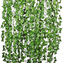 Decorative Flowers 84 Feet 12 Strands Artificial Ivy Leaf Plants Vine Hanging Garland Fake Foliage Home Kitchen Garden Wedding Wall Decor