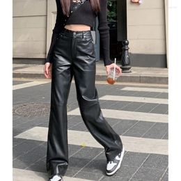 Women's Pants 2024 Black Vintage Straight High Waisted Leather American Fashion Streetwear Trouser Casual Wide Leg