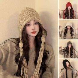 Berets Autumn Winter Ear Protection Hat Women's Warm Knitting Woollen Tassels Outdoor Cute Knitted Korean Japanese Pullover Caps