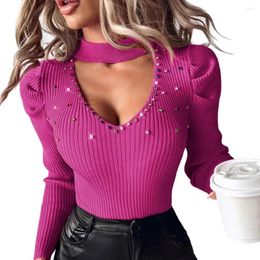 Women's Blouses Office Lady Waist Tight Knitwear Stylish Rhinestone Studded V-neck Tops Hollow Out Sweater Slim Fit For