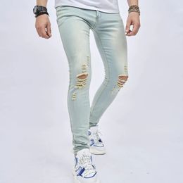 Simple Style Solid Holes Men Jeans High Quality Male Trousers Stylish Stretch Skinny Men's Jogging Casual Denim Pants 240116