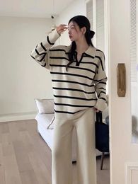 Spring/Winter Korean contrasting Colour striped V-neck niche design knitted top high waist wide leg pants two-piece set 240115