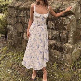 Casual Dresses A-Lined Swing Midi Long Robe White With Blue Flower Print Corset Style Elastic Strap Sling Dress V Neck Slim Waist