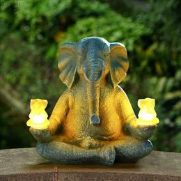 Lawn Lamps Solar Powered Zen Elephant Figurines Creative Sitting Elephant Sculpture Small Buddha Elephant Light for Garden Patio Yard Lawn YQ240116
