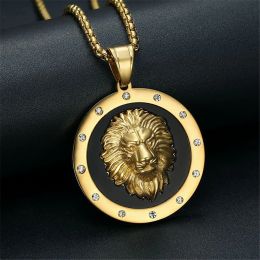 14k Yellow Gold Lion Head Pendand Chain Golden Colour Iced Out Bling Round Animal Necklace for Men Hip Hop Jewelrys