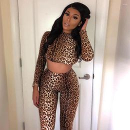 Women's Two Piece Pants SET Leopard Print Crop Top Tracksuit Fitness Women Sportwear High Waist Sexy Matching Club Outfits 2 Workout