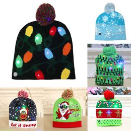 New Banners Streamers Confetti Christmas Hats Santa Knitted Hat with LED Light Up Cartoon Patteren Christmas Gift for Kids New Year Supplies Knit Hat LED Light