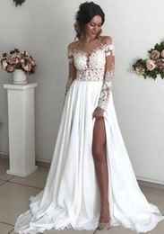 White Wedding Dresses Ivory Bridal Gowns Formal A Line O-Neck Long Sleeve Floor-Length Chiffon Applique Beaded Custom Zipper Lace Up Plus Size New