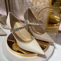 Dress Shoes Pearl And Rhinestone Strap Coloured Crystal Wedding Leather Sequin Pointed Toe Stiletto High Heels Ladies Shallow Pumps