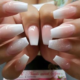 False Nails 24Pcs Simple Gradient White Fake Nail With Glue Long Ballet Glitter Wearable French Press On Full Tips
