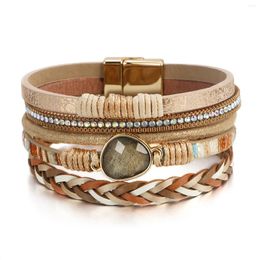 Charm Bracelets Woven Multi -layered Leather Oval Resin Bracelet Men's Bosmian Retro Magnetic Buckle For Men Gift