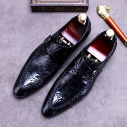 Italian Mens Dress Fashion Crocodile Pattern Genuine Leather 2023 Designer Buckle Elegant Wedding Social Shoes Man